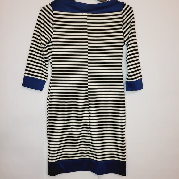 Isaac Mizrahi boat neck navy blue and white striped career midi dress size med - Picture 2 of 6